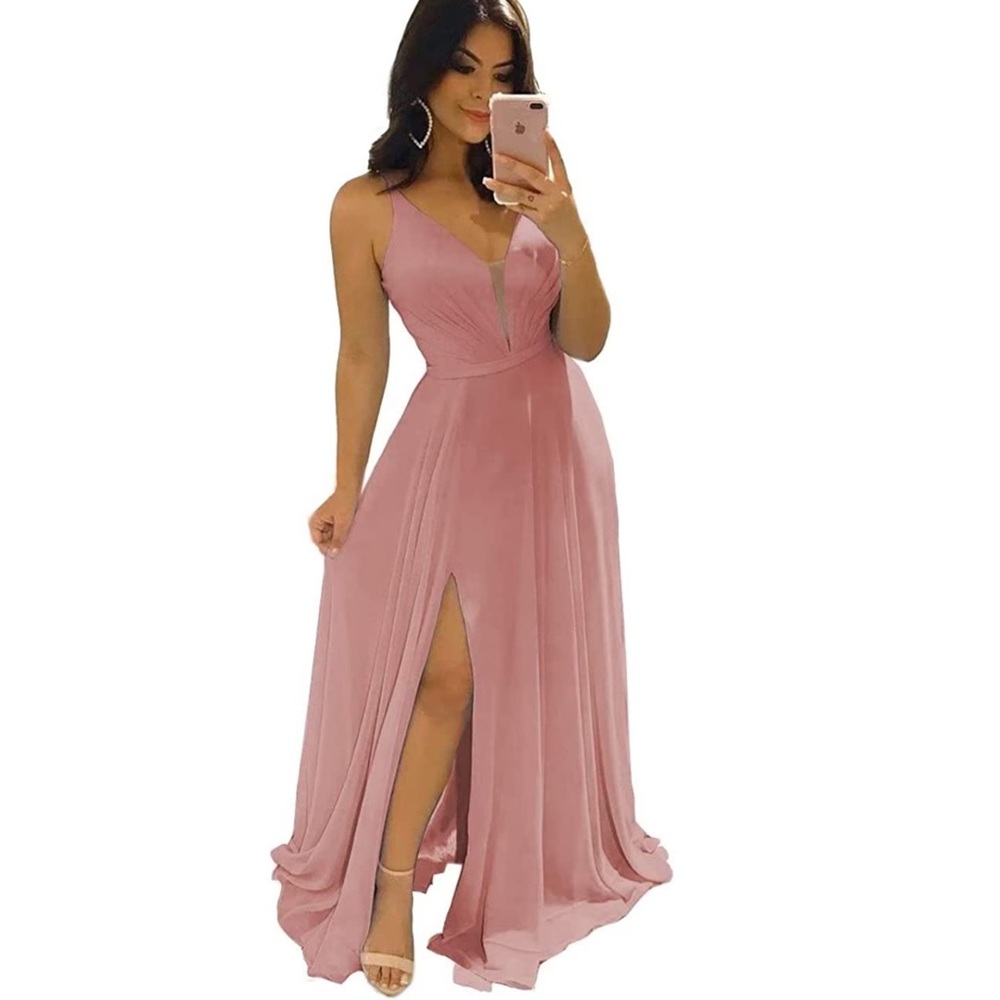 Chiffon Bridesmaid Dresses for Women Long V Neck Formal Dresses with Slit